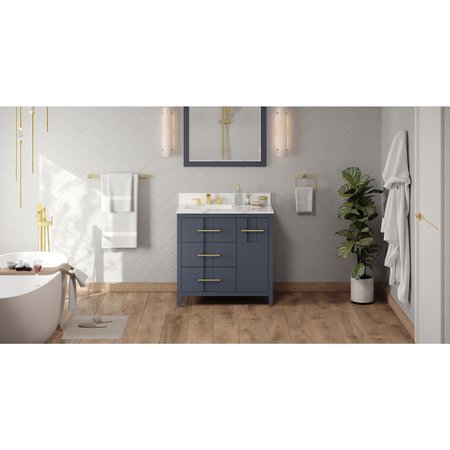 JEFFREY ALEXANDER 36In. Blu Stl Katara Vanity, Left Offset, Calacatta Vienna Quartz Vanity Top, Undrmnt Rctngl Bowl VKITKAT36BSCQR